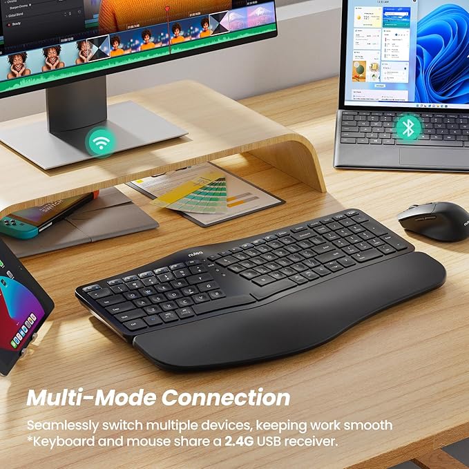 Nulea KM75 Advanced Ergonomic Wireless Keyboard and Mouse Combo, Comfortable Natural Typing, Palm Rest, Multi-Device (Bluetooth, 2.4G, Wired), Rechargeable, for Multi-OS, Windows, Mac, Android(Black)