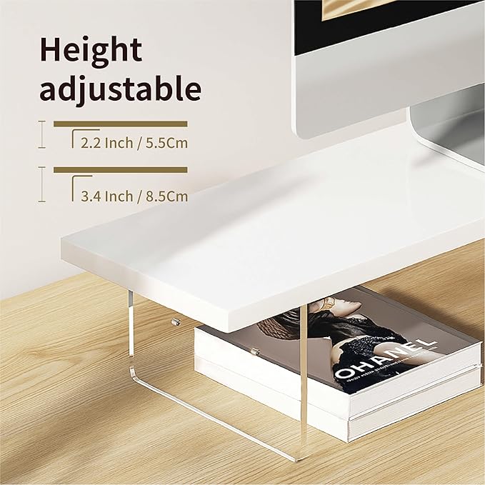 Wood Monitor Stand Riser with Acrylic Legs, Computer Screen Stand Desk Organizer, 31.5 x 7.9 x 3.1 inch, Hold up to 66 lbs (White, 31.5"×7.9"×3.1")