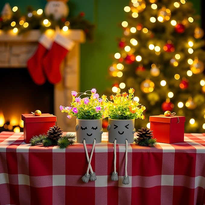 Cute Fake Plants, Flower Pots with String Lights, Fake Plants Artificial for Desk Décor, Office Decor for Women, Shelf Decor for Gift, Bathroom Decoration, Window Sill Decor