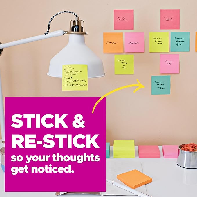 Post-it Super Sticky Notes, 24 Sticky Note Pads, 3 x 3 in., School Supplies, Office Products, Sticky Notes for Vertical Surfaces, Monitors, Walls and Windows, Energy Boost Collection