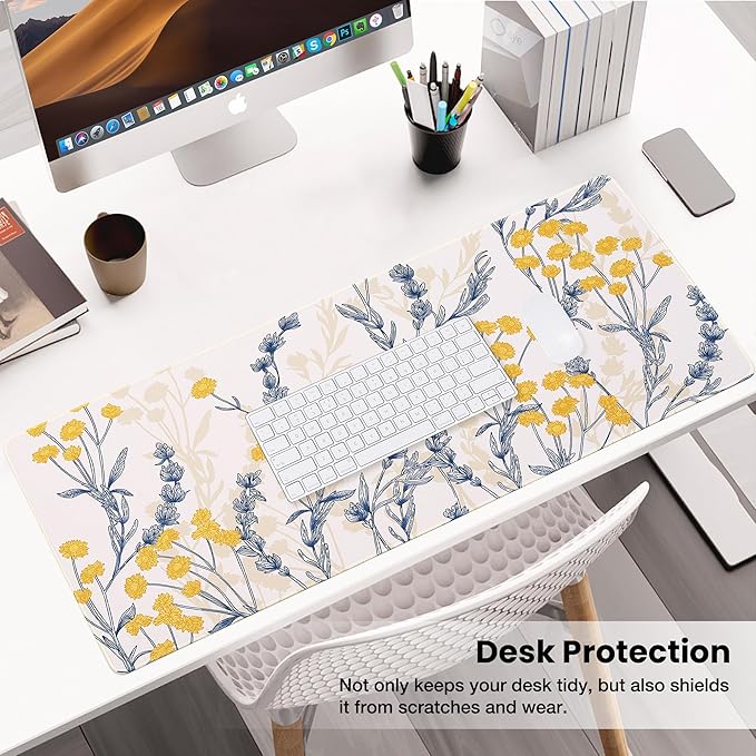 ALOANES Waterproof Mouse Pad with Durable Stitched Edge, Large Gaming Keyboard Pad, Non-Slip Rubber Base, Extended Desk pad for Gamer, Office & Home, Yellow Flower Mousepad 31.5''x 11.8''x 0.12''