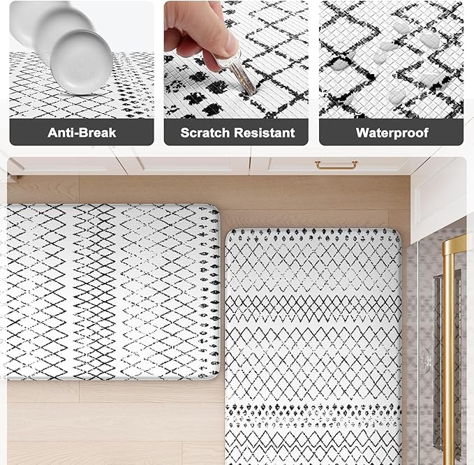KIMODE Anti Fatigue Kitchen Mat for Floor, 20"x71" Farmhouse Kitchen Rug, Non Slip Waterproof Kitchen Floor Mat, Cushioned Standing Mat for Front of Sink Laundry Desk Bedroom Black and White