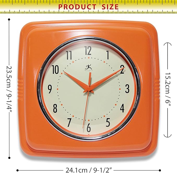 Infinity Instruments Retro – 9 Inch Square Silent Non-Ticking Mid Century Modern – Kitchen, School, Classroom – Vintage Decorative – Orange