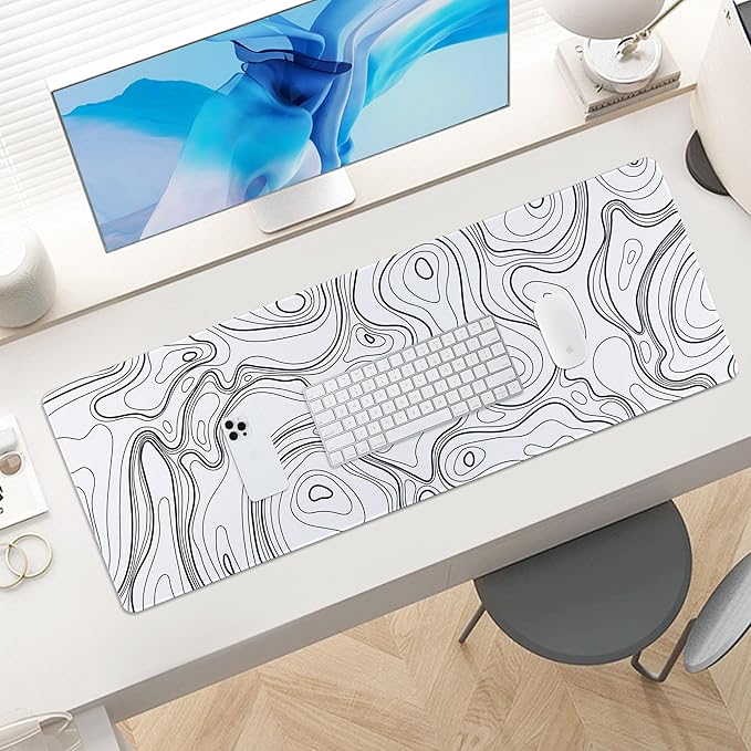 ALOANES Waterproof Mouse Pad with Durable Stitched Edge, XL gaming Keyboard Pad, Non-Slip Rubber Base, Extended Desk pad for Gamer, Office & Home, White Topographic Map Mousepad 31.5''x 11.8''x 0.12''