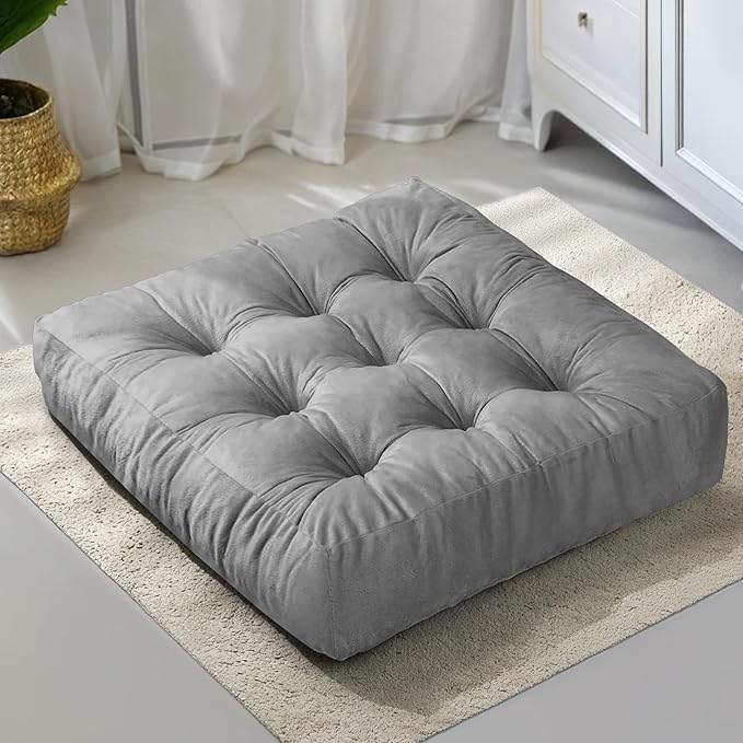NEST & LOOM Floor Cushions - Floor Chair Pillow, Meditation Cushion, Square Large Floor Pillow, Solid Thick Tufted Floor Pillow - Grey - 21.65" x 21.65"