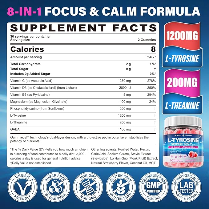 L Tyrosine Gummies Supplement 1200mg, GABA L-Theanine Supplement 200mg with Magnesium Glycinate Vitamin B6, D3 & C - Calm & Focus Gummies - Brain Supplements for Memory, Mood & Relax for Adults, Vegan