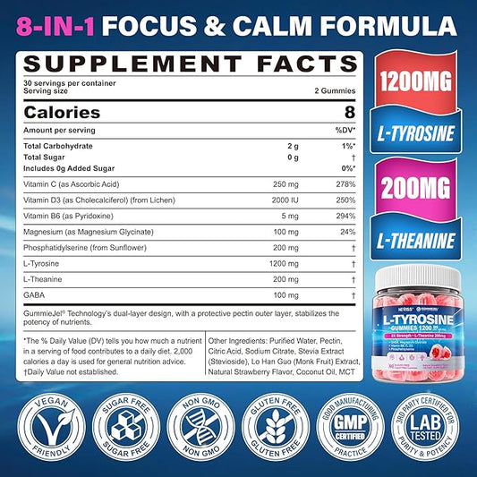 L Tyrosine Gummies Supplement 1200mg, GABA L-Theanine Supplement 200mg with Magnesium Glycinate Vitamin B6, D3 & C - Calm & Focus Gummies - Brain Supplements for Memory, Mood & Relax for Adults, Vegan