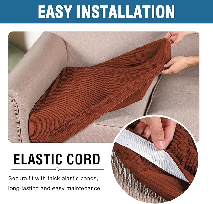 H.VERSAILTEX Super Stretch Couch Cushion Covers Sofa Cushion Slipcovers Jacquard Fabric Individual Seat Couch Slipcover Sets for Pets with Elastic Bottom(3 Packs Cushion Sofa Covers, Rust)