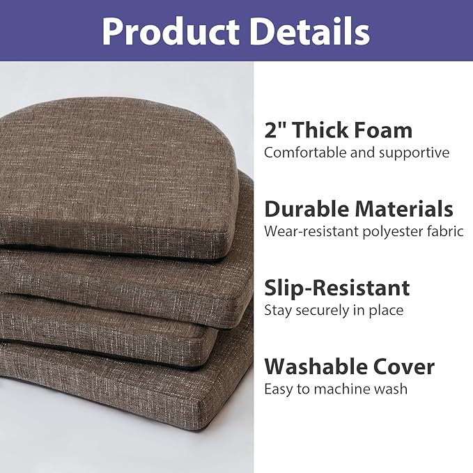 Chair Cushions for Dining Chairs with Ties and Removable Cover, Dining Kitchen Chair Pads with Non-Slip Bottom, High-Resilience Indoor Seat Cushions, 16'' x 16'' x 2'', Set of 2, Brown