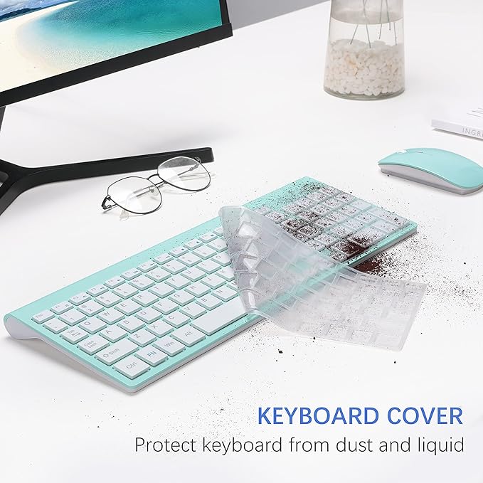 Wireless Keyboard and Mouse Ultra Slim Combo, TopMate 2.4G Silent Compact USB 2400DPI Mouse and Scissor Switch Keyboard Set with Cover, 2 AA and 2 AAA Batteries, for PC/Laptop/Windows/Mac - Mint Green