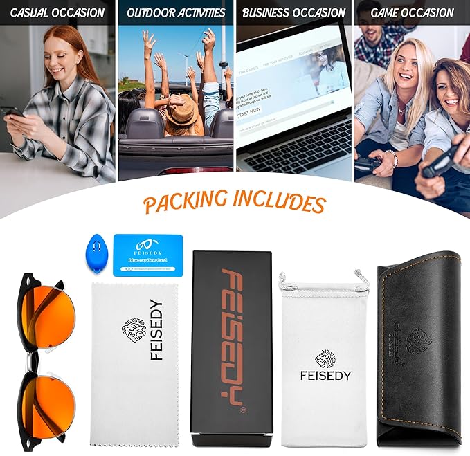 FEISEDY Orange Blue Light Blocking Glasses for Woman Men Amber Lenses Computer Gaming Glasses for Better Sleep