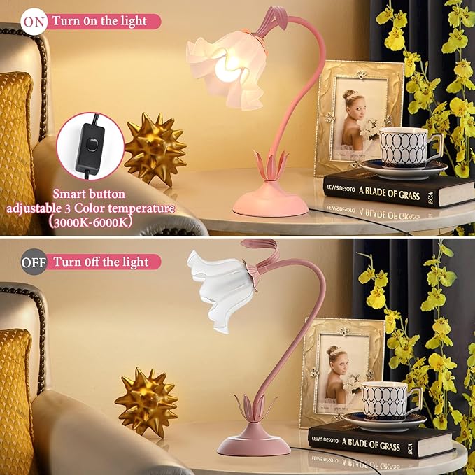 Cute Flower Table Lamp, Bedside Vintage Flower Lamp with LED Bulb, 3 Colors Temperature Flower Lamp for Bedroom Living Room Bedside Desk Reading Lighting Table Lamps Home Decoration (Pink)