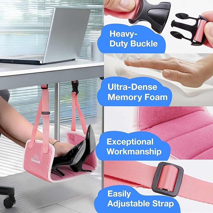 Portable Airplane Foot Hammock for Plane Travel with Memory Foam & Hardboard for No Feet or Leg Clashing - Long Flight Air Travel Essentials to Relax Feet Rest Flying Overseas by Beswalt (Pink)