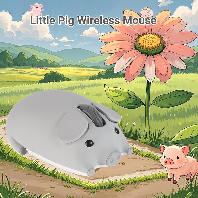 Cute Pig Design Wireless Mouse - Dual Mode Bluetooth & USB, Silent Operation, Ergonomic, Ideal for Laptops & PCs, for Animal Lovers and Family (Gray)
