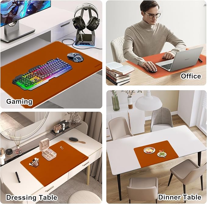 Desk Mat with Lip & Reinforced Stitched Edge|Non-Slip Waterproof PU Leather Desk Pad|Ergonomic Keyboard Mouse Pad with Edge Protector|for Office, Home, Study(23.6" x 16.5",Brown)