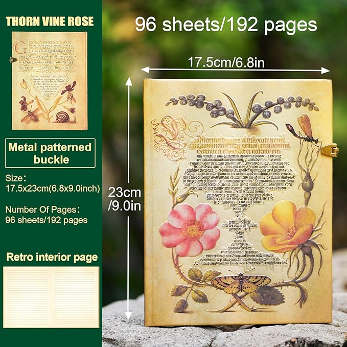 96 Sheets/192 Pages Vintage Lined Journal,Comes With Envelope Pocket Notebook Journal,Retro 3D Thorn Vine Rose Cover Hardcover Journal,Suitable As Travel Diary,A Notebook,Or Wedding Anniversary.