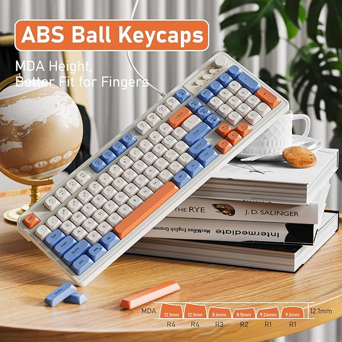 EWEADN G98 RGB Gaming Keyboard Wired, Retro Creamy Membrane Keyboards with Media Knob, Number Pad RGB Backlit, 98 Keys Quite Membrane Computer Keyboard for MAC Xbox PC Gamer -White&Blue