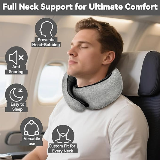 Memory Foam Neck Pillow for Travel - with Eye Mask & Ear Plugs - 100% Pure Ergonomic Support - Compact Portable for Airplane, Car, Office & Home Use - Ideal for Adults & Kids (Dark Grey/Light Grey)