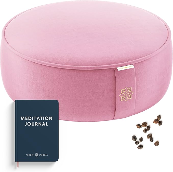 Mindful Modern Velvet Meditation Cushion | Luxe Zafu Yoga Floor Pillow Seat | Posture Support | Buckwheat Hull Filled | Large Round Cushion with Removable Washable Cover + Carry Handle