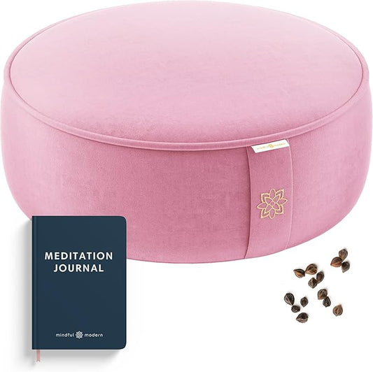 Mindful Modern Velvet Meditation Cushion | Luxe Zafu Yoga Floor Pillow Seat | Posture Support | Buckwheat Hull Filled | Large Round Cushion with Removable Washable Cover + Carry Handle