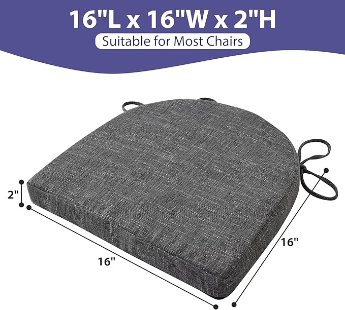 Chair Cushions for Dining Chairs with Ties and Removable Cover, Dining Kitchen Chair Pads with Non-Slip Bottom, High-Resilience Indoor Seat Cushions, 16'' x 16'' x 2'', Set of 2, Dark Grey