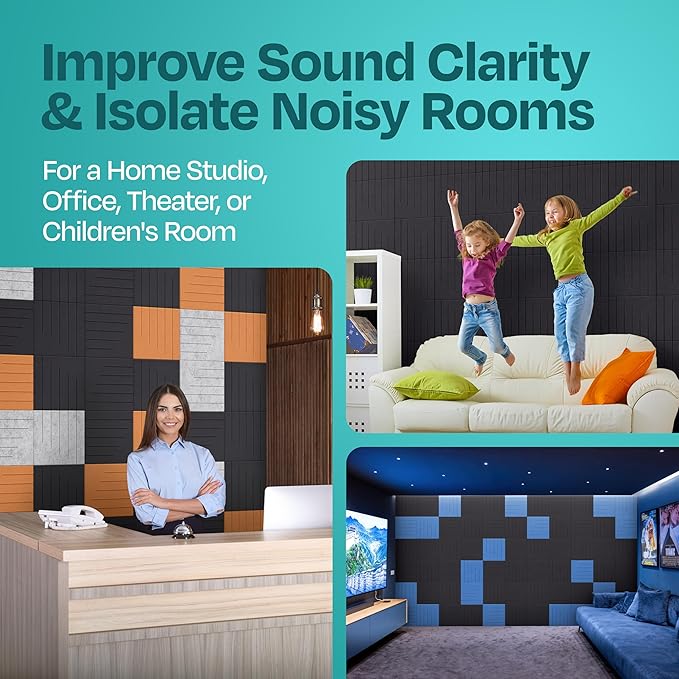 Acoustic Panels 12-Pack Soundproof Wall Panels 12"x12"x0.4" Decorative Sound Dampening for your Home, Office, Studio, Bedroom & More with Unique LineWave Carving [Dark Gray]