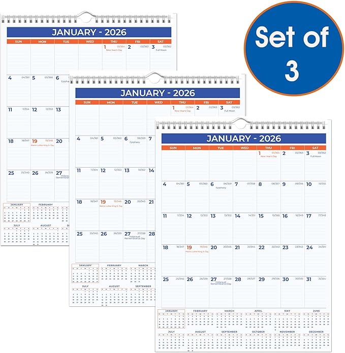2026 Wall Calendar - January 2026 - December 2026, 12 Monthly Hanging Calendar, 2026 Planner, A4 Size 8.5" x 11", Spiral Binding, Holidays, Julian Dates, Large Blocks, Twin-Wire Binding, Hanging Hook, (3 Pack)