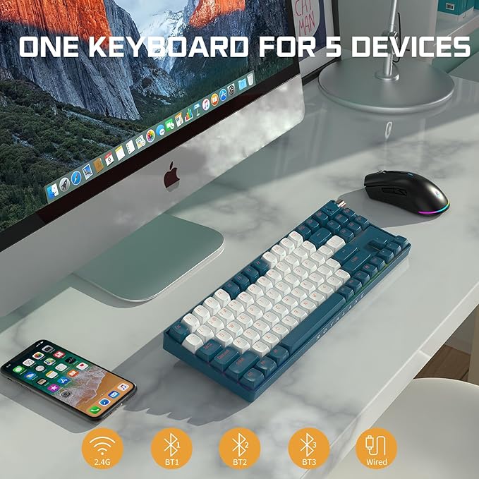 R87 Wireless Mechanical Keyboard, Hot Swappable Wired/2.4G Wireless/Bluetooth Keyboard with RGB Light for Windows & Mac, PBT Keycaps, G Pro Yellow Switch, Whale Blue