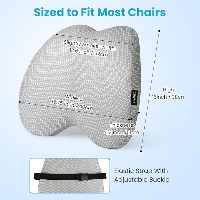 Lumbar Support Pillow Office Chair Car Back Pillow, Ergonomic Lower Back Pain Relief Breathable Air Fiber Cushion for Long Sitting Worker Driver & Handicapped, Adjustable Strap (Light Grey)