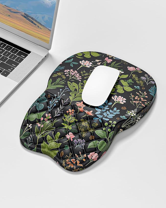 Auhoahsil Ergonomic Mouse Pad with Wrist Rest, Slope Computer Mouse Mat with Wrist Support, Memory Foam Filling, Non-Slip Silicone Base, Pain Relief, for Gaming & Work, 8 x 12 in, Black Flowers
