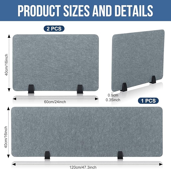 Yaomiao 3 Pcs Acoustic Desk Divider Soundproof Desk Privacy Panel Freestanding Desk Partitions Sound Absorbing for Students Office Reduce Noise Visual Distractions (47.3 x 16", 24 x 16", Light Gray)