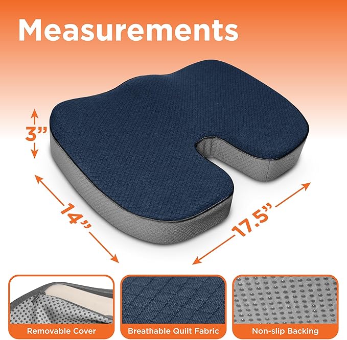 BLACK+DECKER Quilted Knit Memory Foam Seat Cushion U Seat Cushion for Office Chair, Car, Wheelchair & Airplane – Ergonomic, Pain Relief, Non-Slip Backing, Washable Cover, Blue/Grey