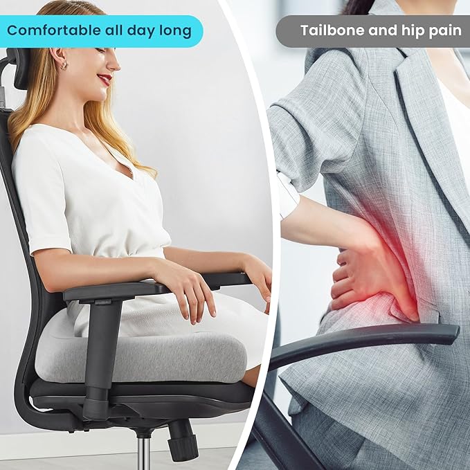 REDOFF®Extra Large Memory Seat Cushion 21.5 * 17.7 * 4inches– Cushion Pillow for Back Support Non-Slip Seat Pad for Office Desk, Car Seat, Wheelchair, Sciatica (Gray)