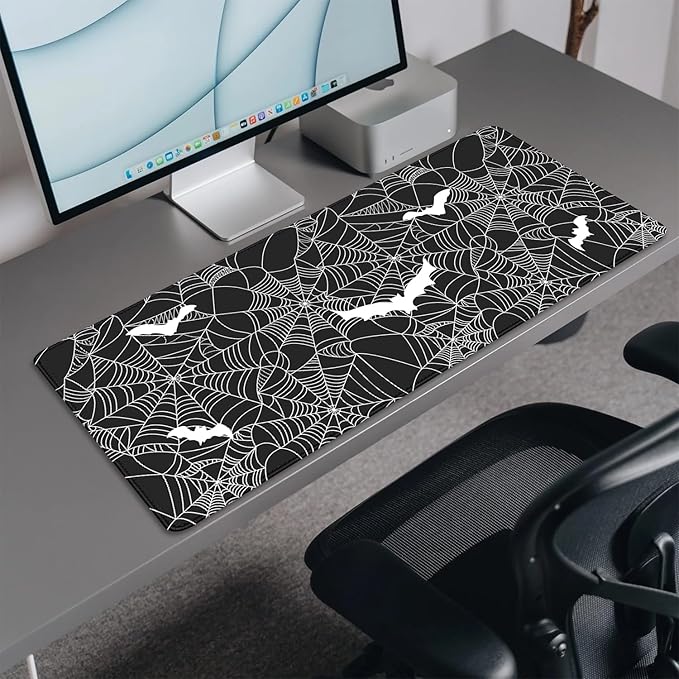 Black Spider Web Desk Pad Mouse Pad,Large Gaming Bat Mouse Mat with Stitched Edges,Non-Slip Waterproof Rubber Base Mousepad for Office Work Home Desk Mat(27.5X11.8 in)