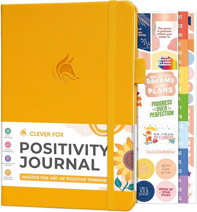 Clever Fox Positivity Journal – Daily Gratitude & Affirmation with Prompts – Motivational Mental Health Notebook with Habit Tracker (Amber Yellow)