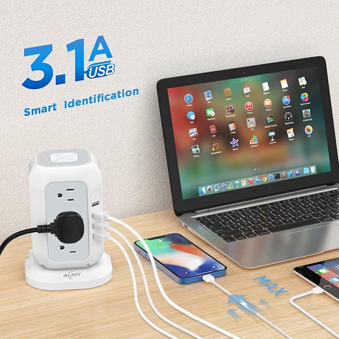 Power Strip Tower with USB Ports-AiJoy Surge Protector with 12 AC Outlet and 4 USB Ports, 10 Feet Extension Cord, USB Charging Station with Overload Protection, Office Desk Supplies, Dorm Essentials