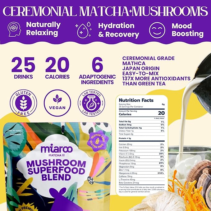 Mushroom Matcha 150g (25 servings, 70mg Caffeine, Zero Sugar) with Lion’s Mane, Cordyceps, Reishi, Chaga | Adaptogenic, Nootropic, Calm Energy, Gut Support & Cognitive Improvement | Miaroo