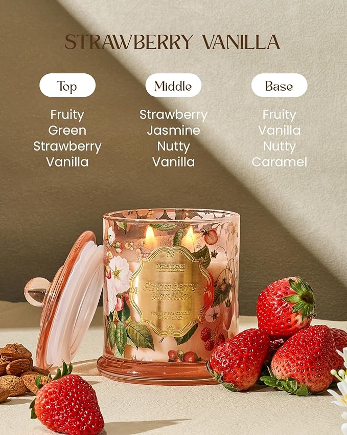 M&SENSE Strawberry Vanilla Scented Candle, Natural Organic Soy Candle 12.7oz 75 Hour Long Lasting Slow Burning, Good Smelling Relaxing Aromatherapy Aaesthetic Gift for Women