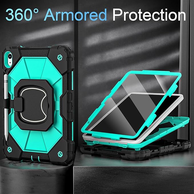 Case for iPad (A16) 11th/10th Generation 2025/2022,Kids Friendly iPad Case 10th Generation with Rotating Stand Screen Protector,Shockproof Cover for i Pad 11.0/10.9 Inch C ase,Black Mint