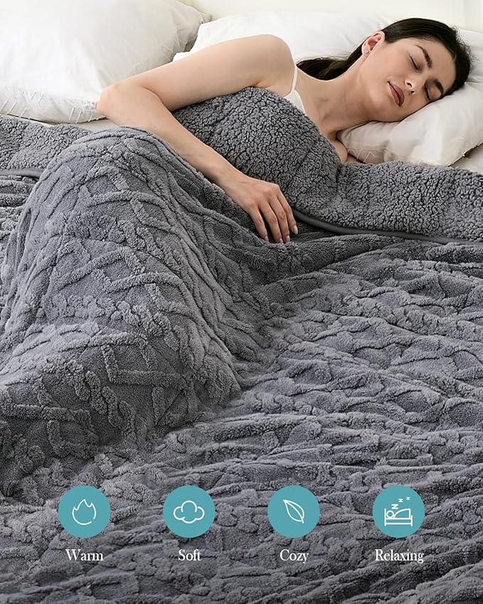 Topblan Weighted Blanket Twin Size 12 lbs, Soft Weighted Blanket with Doubled-Sized Shaggy Sherpa, Jacquard Knitted Stylish Warm Weighted Blankets Throw for Better Sleep, Grey, 48 x 72 inches