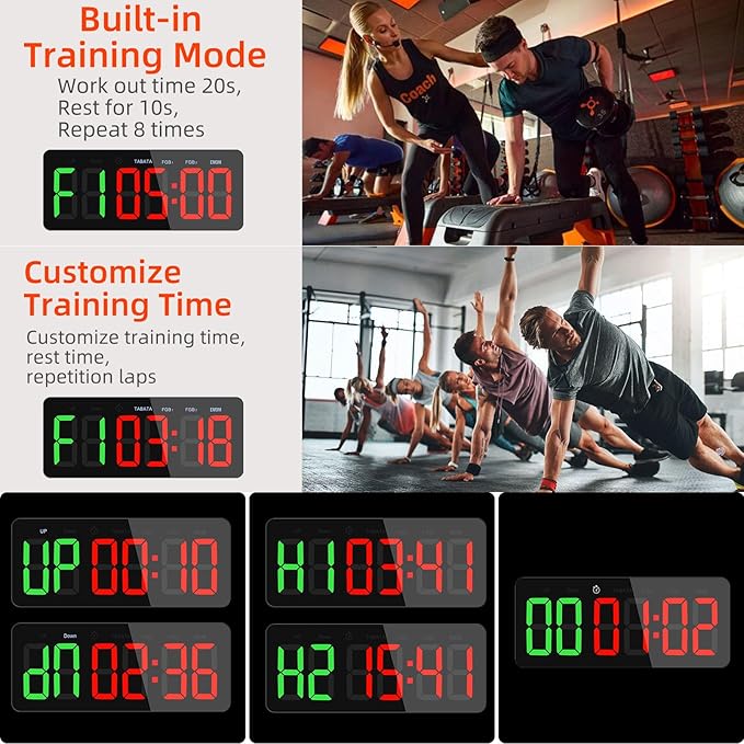 PELLOR Gym Timer Clock, Interval Timer with Function Mode Display, USB Plug-in Countdown/UP Stopwatch Adjustable Brightness with Controller, 3'' Large Digits Digital Wall Clock for Home Gym Room