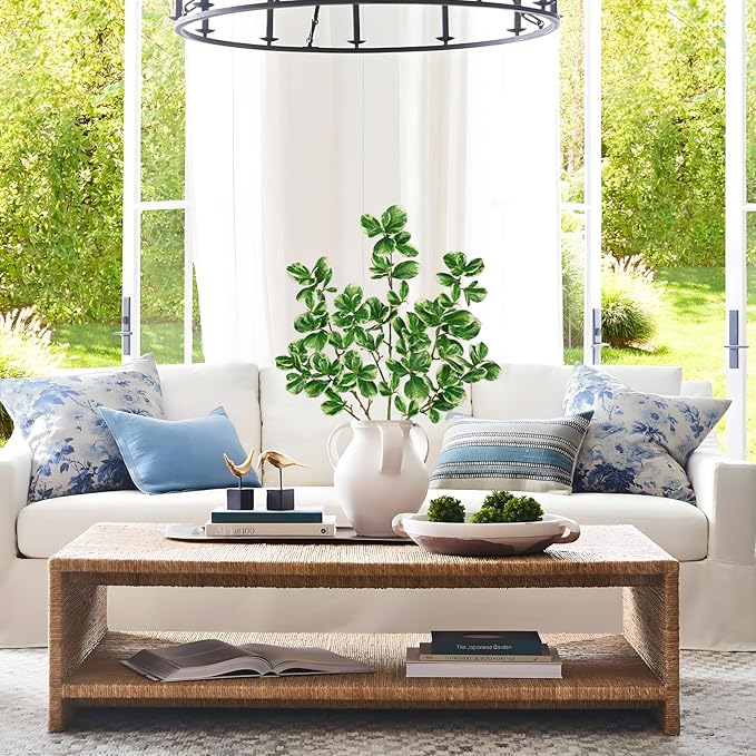 Hollyone 3 Packs Artificial Greenery Stems 36.2 Inch Fake Branches White Edged Leaves with Long Stems Faux Stems Greenery Stem Faux Branches for Vase Garden Home Decor Office Wedding Decoration