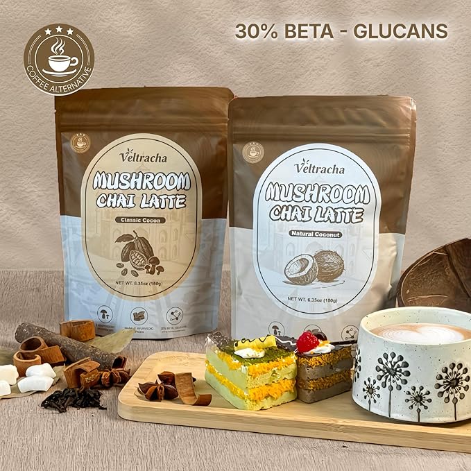 Veltracha Mushroom Chai Tea, Instant Chai Tea Powder with 6 Adaptogenic Mushrooms, Spiced Chai Latte for Energy & Focus Support, 6.35 oz 20 Servings (Natural Coconut)