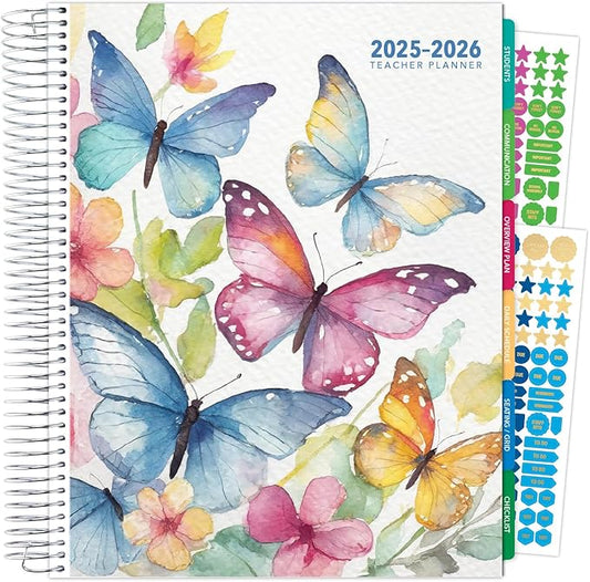 Aug 2025-Jul 2026 Deluxe Teacher Planner Notebook 8.5x11 Daily Weekly Monthly Organizers with 7 Periods, Pocket Folder, Dated Calendar, Page Tabs, Bookmark and Planning Stickers (Watercolor Butterflies)