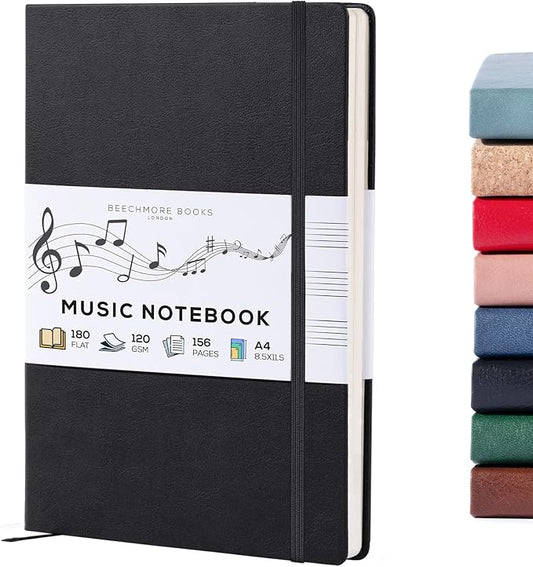 BEECHMORE BOOKS Blank Sheet Music Notebook – A4 8.5x11.5 for Songwriters, Musicians & Composers, 156 Thick 120gsm Pages, 10-Staff Perforated Sheets, Vegan Leather Hardcover, Elastic Closure, Gift Box