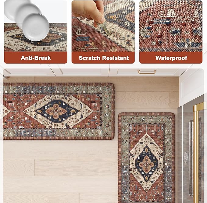 KIMODE Anti Fatigue Kitchen Mats,Boho Vintage Kitchen Rugs Sets of 2,Non Slip Waterproof Kitchen Floor Mats,Ergonomic Cushioned Comfort Standing Mat for Laundry,Office,Sink,Desk, Red