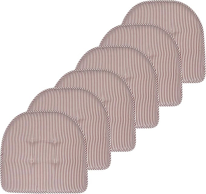 Sweet Home Collection Chair Cushion Memory Foam Pads Tufted Slip Non Skid Rubber Back U-Shaped 17" x 16" Seat Cover, 6 Pack, Pinstripe Burgundy, (Pack of 2)