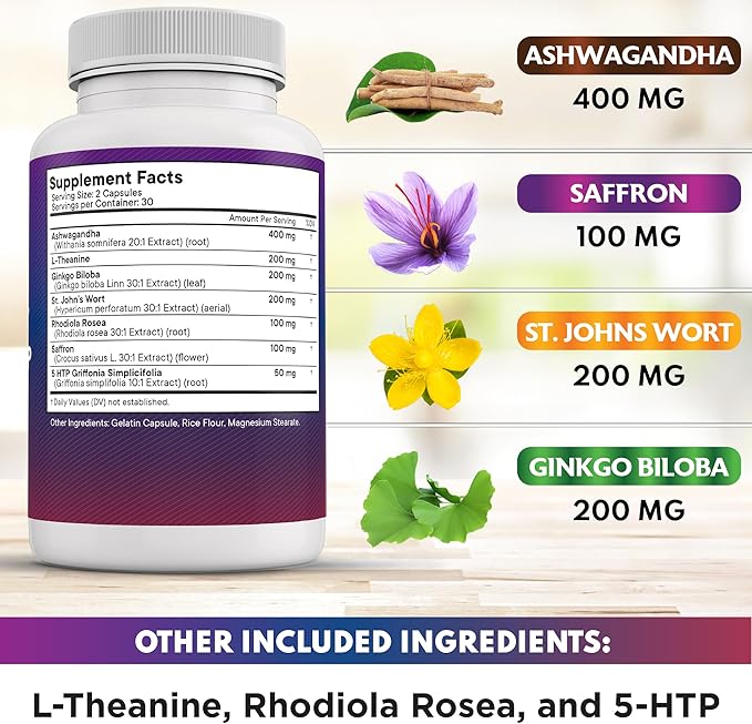 NEW AGE Saffron Supplements with Ashwagandha - Support with L-Theanine, Ginkgo Biloba, St. John's Wort, Rhodiola Rosea & 5-HTP - Saffron 180 Count