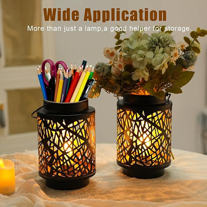 JHY DESIGN Set of 2 LED Battery Operated Table Lamp 8“H Cordless Lamp Light with 6-Hours Timer Metal Black Battery Lamp for Patio Garden Indoor Outdoor Party Events(Hollow Branch)