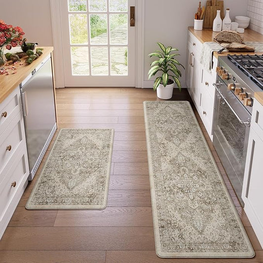 KIMODE Anti Fatigue Kitchen Mats 20"x71"+20"x32", Boho Distressed Kitchen Rugs Sets of 2, Non Slip Waterproof Kitchen Floor Mats, Memory Foam Kitchen Mat for Sink Laundry Desk Bedroom Khaki